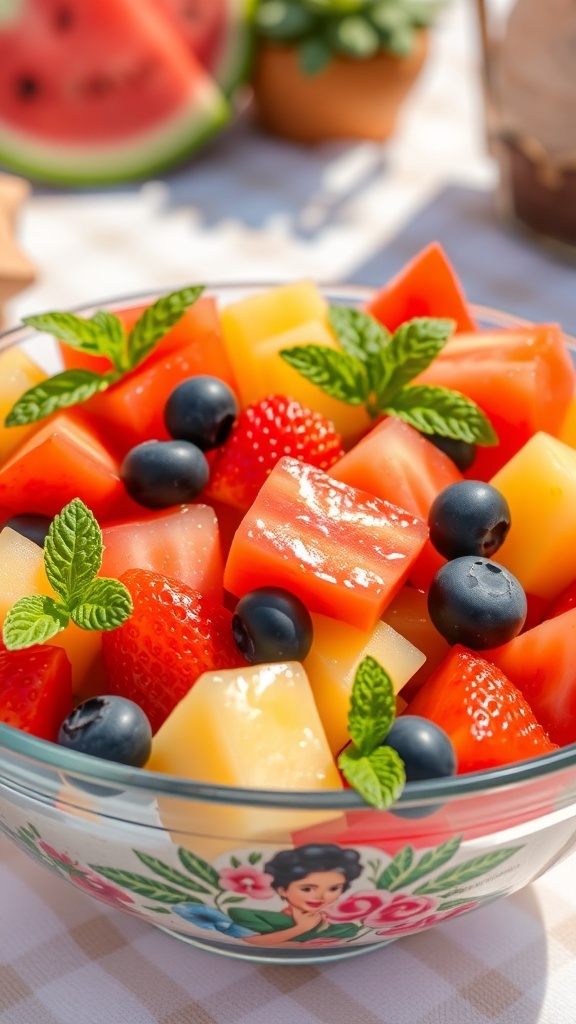 Juicy Fruit Salad Recipe A vibrant bowl of mixed fruit salad with watermelon, strawberries, pineapple, and blueberries, garnished with mint.